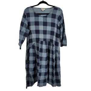 Orientique Naturally Oversized Baby Doll Dress Sz S Buffalo Check Linen‎ Pockets